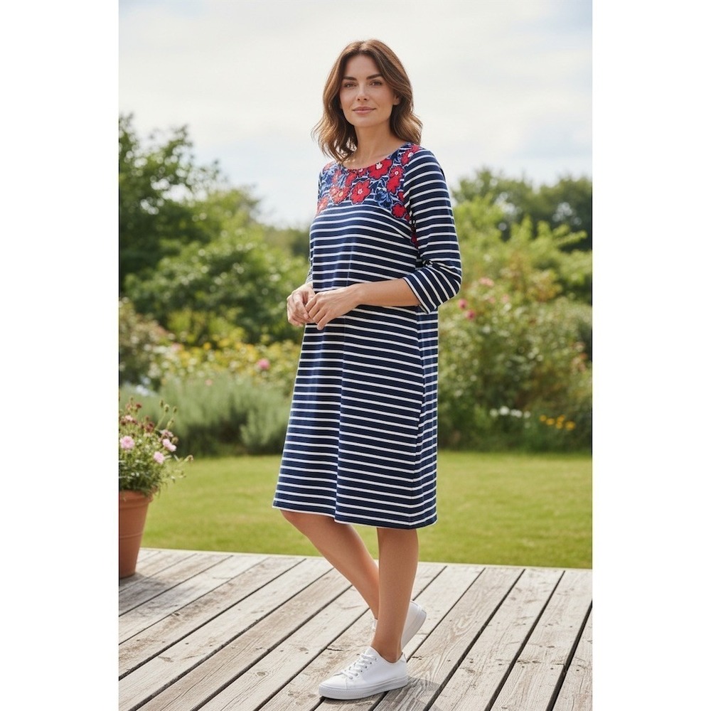 Talbots Navy & White Striped Midi Dress with Red Floral Yoke